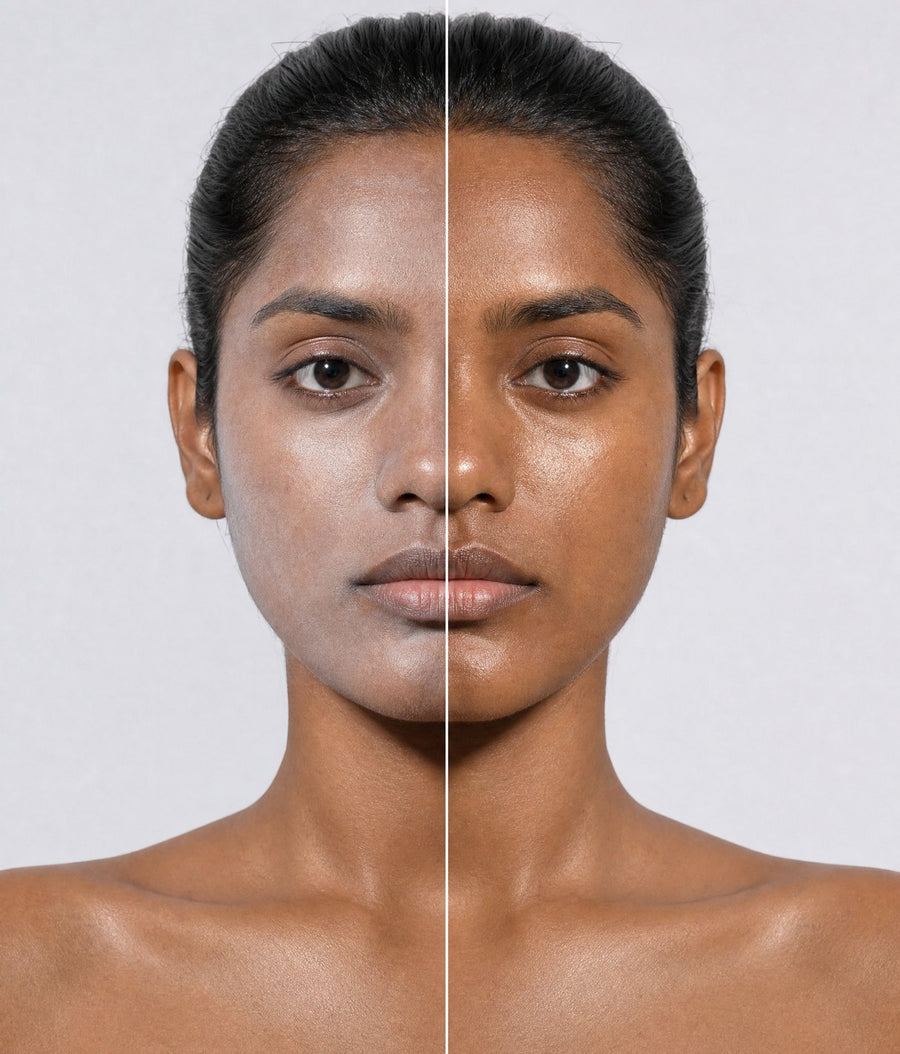 Split face: regular sunscreen leaves a white cast on the left; Glow Screen goes on clear on the right